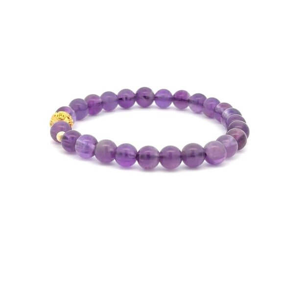 18K Gold Money Ball Lucky Charm Beads Bracelet Gemstones Amethyst 6mm - Picture 8 of 9